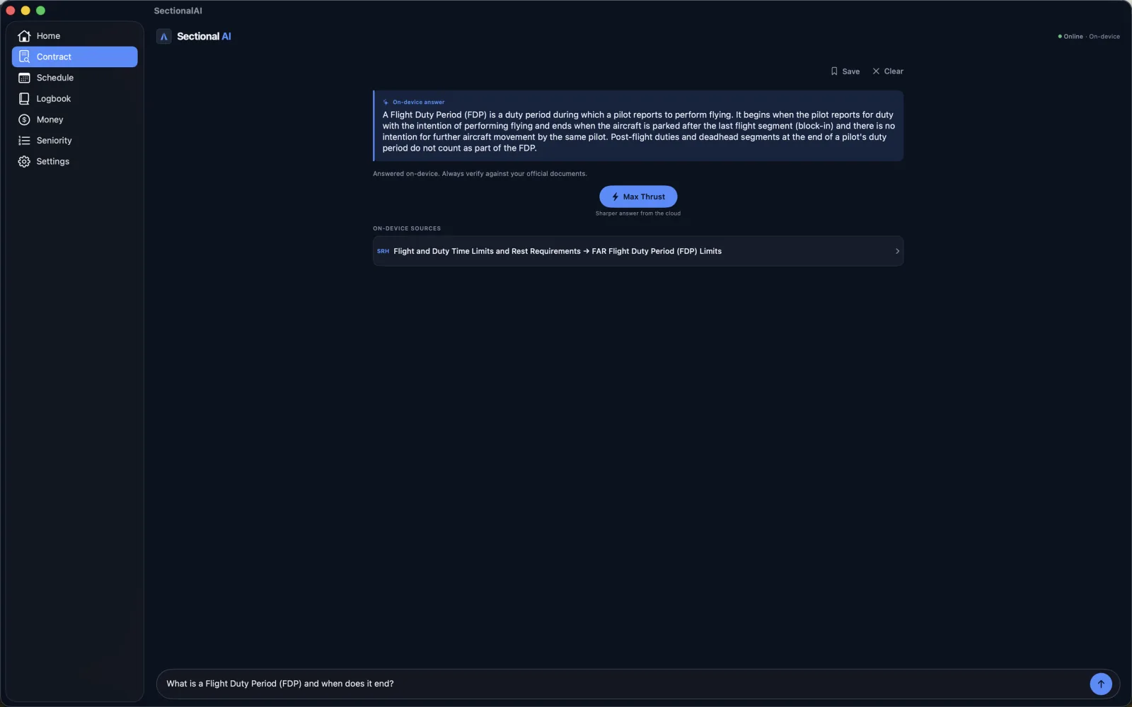 Sectional AI on Mac: a contract question answered with cited sections beside the source document